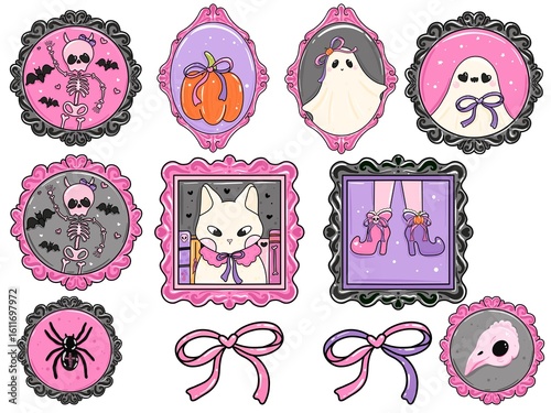 Pastel Coquette Halloween Clipart Set – Ghosts, Cat, Skeleton, Bows and Frames