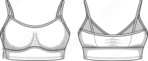 Women's sports bra front, back view, technical sketch, fashion design, garment template, lingerie drawing, cad drawing flat vector illustration