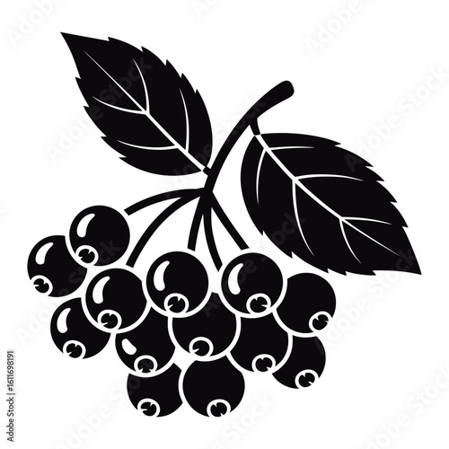 Black silhouette of a cluster of berries with leaves on a white background berry fruit