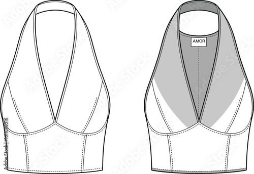 Halter neck crop top front, back view, fashion template, technical sketch, garment design, sewing pattern, cad drawing flat vector illustration