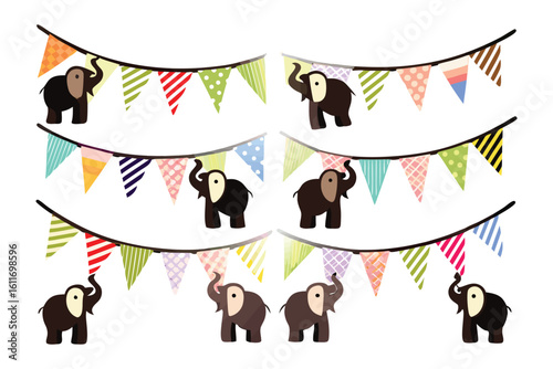 Playful Elephant Garland: Adorable elephant illustrations swing from colorful pennant banners, creating a whimsical and joyful scene.