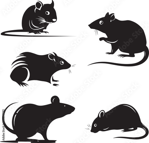 Collection of Stylized Mouse Silhouettes Demonstrating Varied Poses and Body Types for Design Applications Animal Illustrations