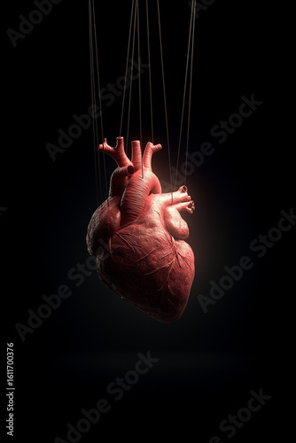 A realistic human heart suspended by strings against a dark background in dramatic lighting style