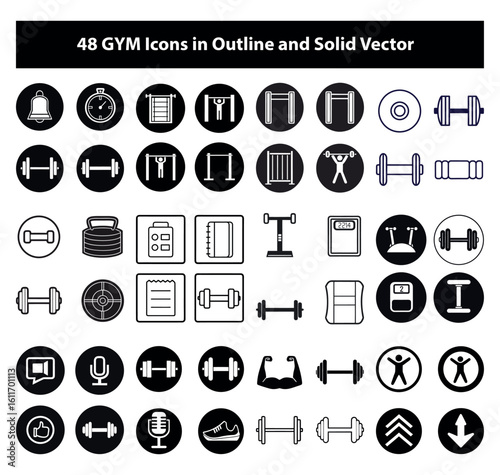 Collection of gym and fitness icons in outline and solid vector styles for sports and health