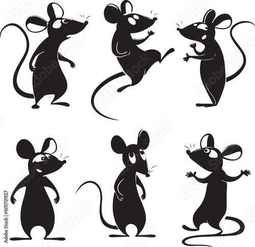 Playful Mouse Silhouettes Dancing and Posing in Various Attitudes Whimsical Cartoon Rodents on a White Background