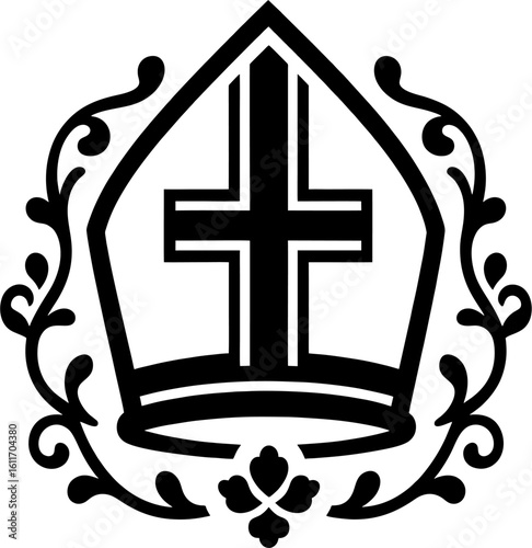 Minimalist Pope Mitre Vector Illustration with Cross and Ornamental Frame