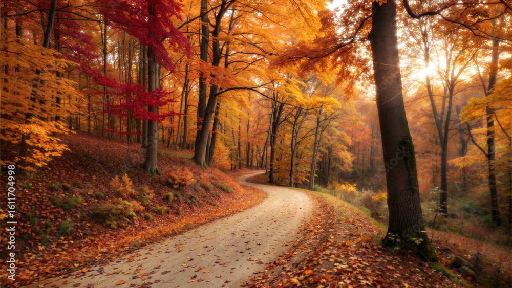 Fototapeta premium Autumn Forest Path with Colorful Foliage Background.