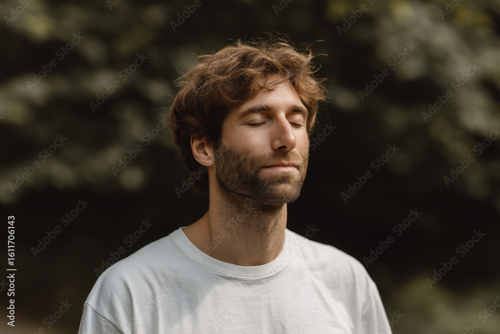 man in white tshirt with closed eyes feels pulse on his neck experiencing tranquility man in white tshirt with closed eyes feels pulse on his neck experiencing tranquility