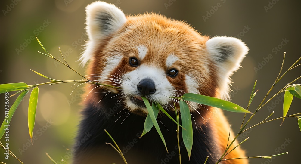 Fototapeta premium Adorable Red Panda Munching Bamboo Leaves, Close-Up Portrait in Natural Light