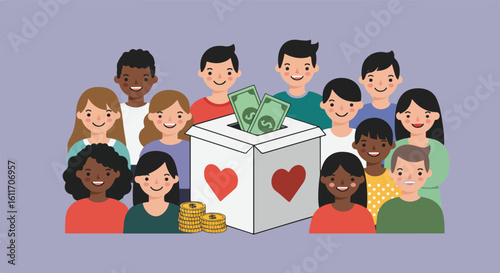 A diverse group of people stand behind a donation box filled with money and a pile of coins, suggesting charity.