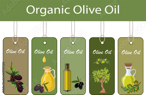 Set of olive oil labels.Vector collection of color advertising labels for olive products.