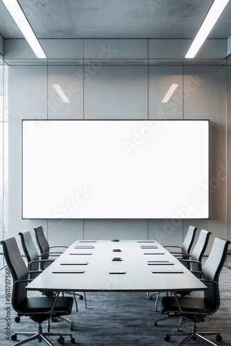 Modern conference room with a large widescreen display on a front glass wall. Features a long meeting table, ergonomic chairs, natural lighting, a crisp white screen ideal for professional business