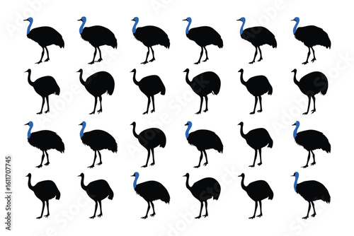Ostrich Silhouette pattern: A repetitive pattern of black silhouette of an ostrich with blue neck, showcasing the essence of african bird and emphasizing elegance. 