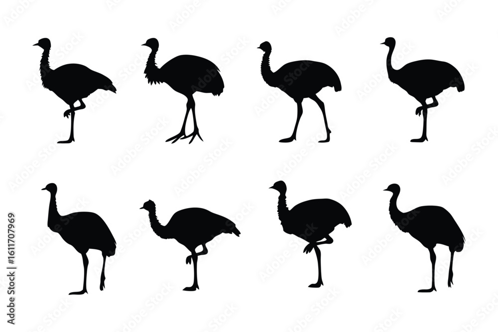 Fototapeta premium Emu Silhouette Pattern: A sophisticated black emu silhouette pattern, perfect for various design projects, featuring the striking shape of these unique creatures in diverse poses.