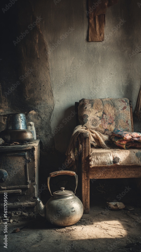 Fototapeta premium Vintage room interior with worn armchair and rustic kettle near old stove