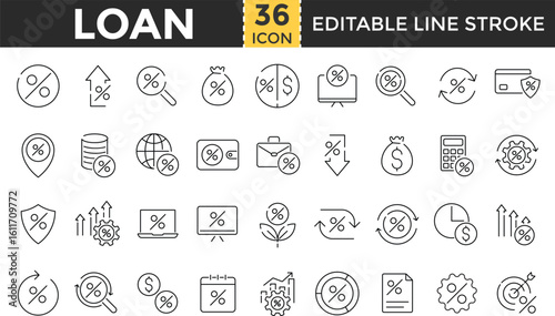 Loan and Credit Line Icon Set. tax Pixel perfect and Outline Editable Stroke Icons collection for Mortgage, Car Loan, Bank Lending, Cash Loan, Tax and Dollar Credit