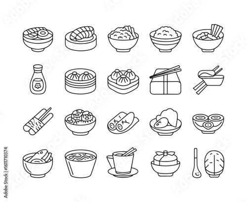 Collection of Asian food icons in black and white line art style dim sum