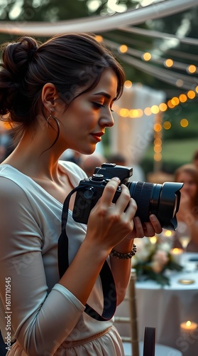High contrast, low-key lighting, warm tones. A young woman, fair skin, in smart-casual attire, photographs wedding guests with an SLR camera. Elegant outdoor wedding, softly decorated tables.