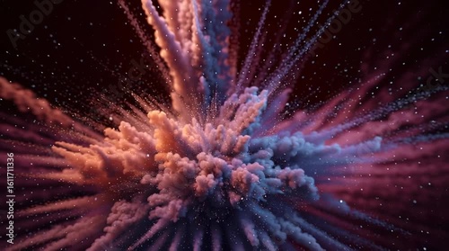 Slow motion explosion of vibrant powder in 3D space, abstract colorful impact

