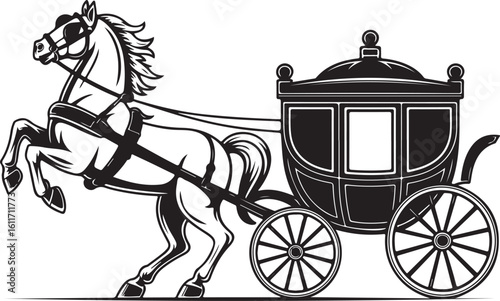 Elegant Horse-Drawn Carriage Vector Illustration in Black and White Style