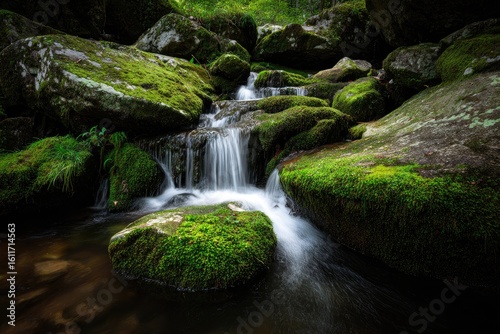 Serene cascading stream flows over moss-covered rocks in a shadowy, lush forest