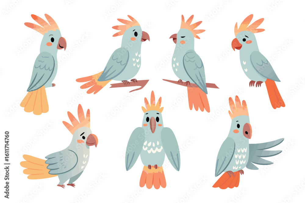 Fototapeta premium Cheerful Parrot: Adorable illustration of playful parrots, each displaying unique expressions. Set against a clean background, the birds exude personality and invite joy.
