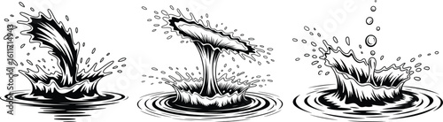 Set of Water Splash Line Drawings, Dynamic Liquid Drop Illustrations.