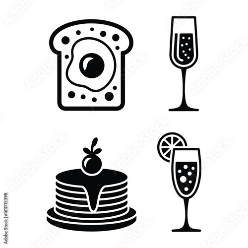 Café and brunch icon set featuring avocado toast, sunny egg, pancake stack, and mimosa in black and white vector silhouette