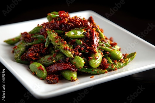Spicy stir-fried edamame and snow peas with chili flakes and garlic, served on a square white plate against a dark background