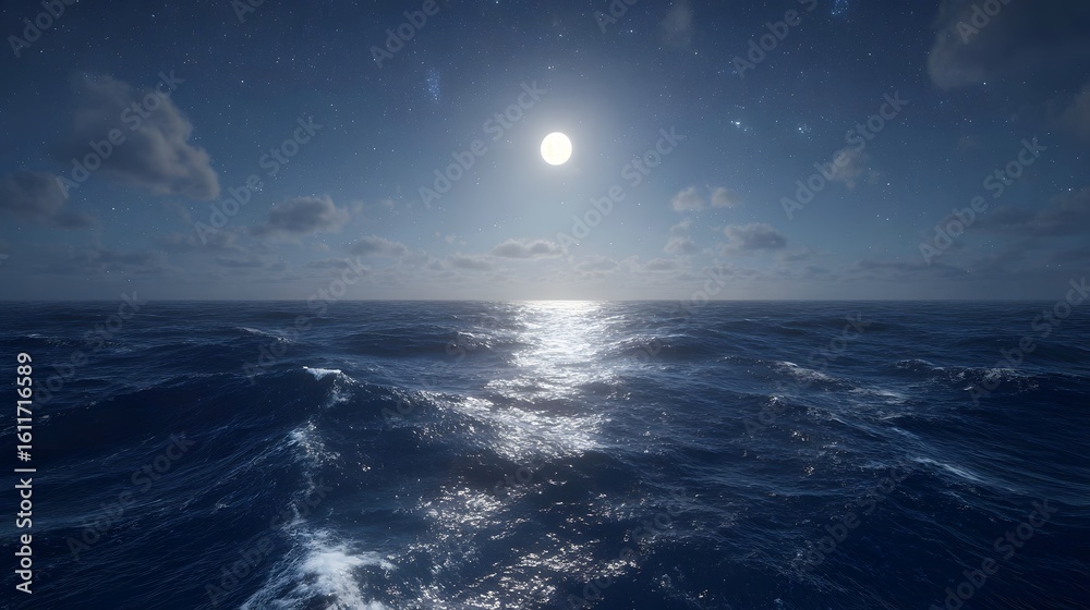 Fototapeta premium Moonlight reflecting on a vast ocean at night.