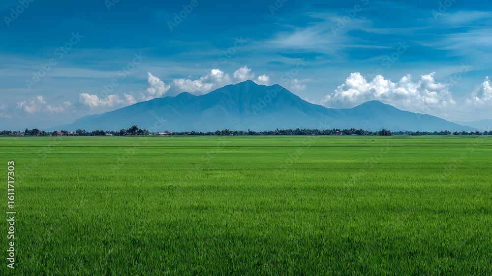 Fototapeta premium Lush green rice paddy stretches to a mountain range under a vibrant blue sky.