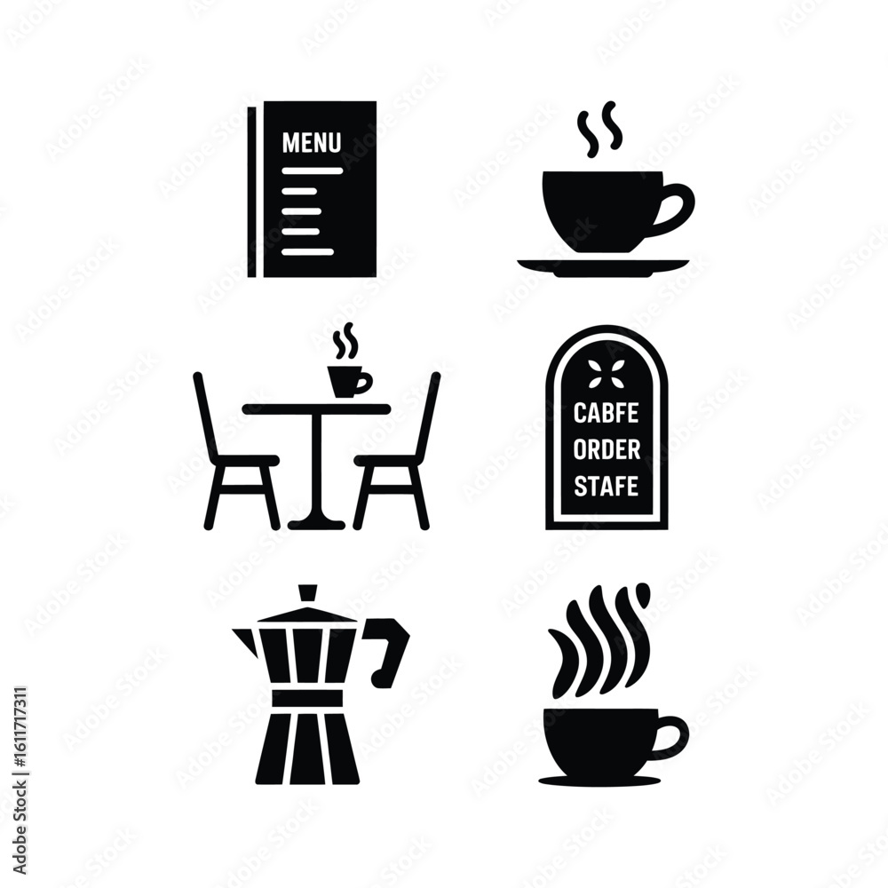 Editable stroke vector icon set for cafe featuring menu, chair, table, order, staff, and espresso machine in black and white silhouette