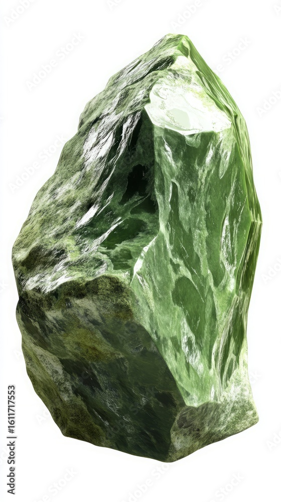 Fototapeta premium Unpolished jade boulder specimen on a stark white background. Ideal for scientific display or a museum exhibit on minerals.