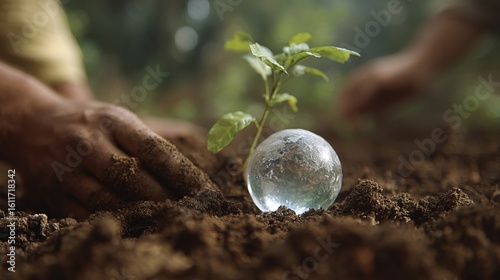 Close-Up of Seedling and Glass Globe in Soil During Planting Process