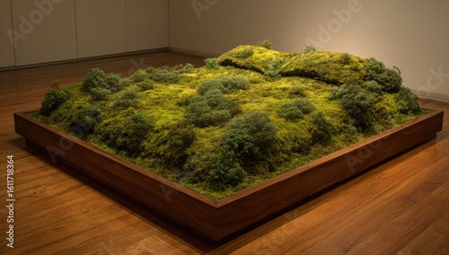 Moss landscape in wooden frame art installation