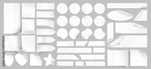Torn adhesive paper sticker, plastic scotch tape strip, glued price tag, ribbon and sticky business note mockup with overlay texture and wrinkle effect. Pvc sheet, glue label and cellophane sticker.