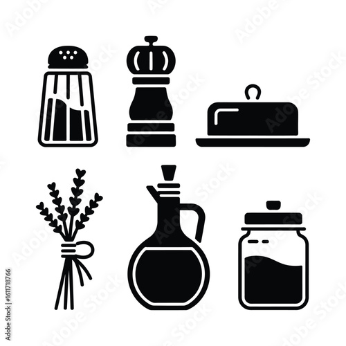 Food ingredients icon bundle with salt, pepper, herbs, butter, oil bottle, and sugar jar in black and white silhouette style
