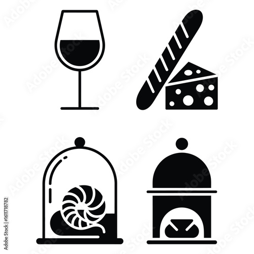 French cuisine icon bundle featuring wine glass, baguette, cheese, escargot, and cloche in black and white vector silhouette