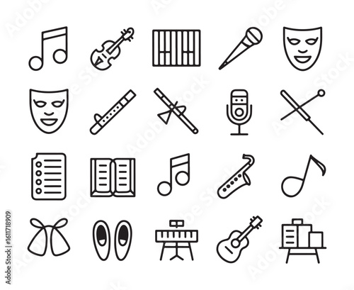 Collection of music and theater related icons in black outline on white background notes violin