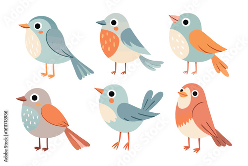 Whimsical Bird Collection: A delightful collection of charming cartoon birds, each uniquely colored and posed, offering a playful and endearing visual narrative.