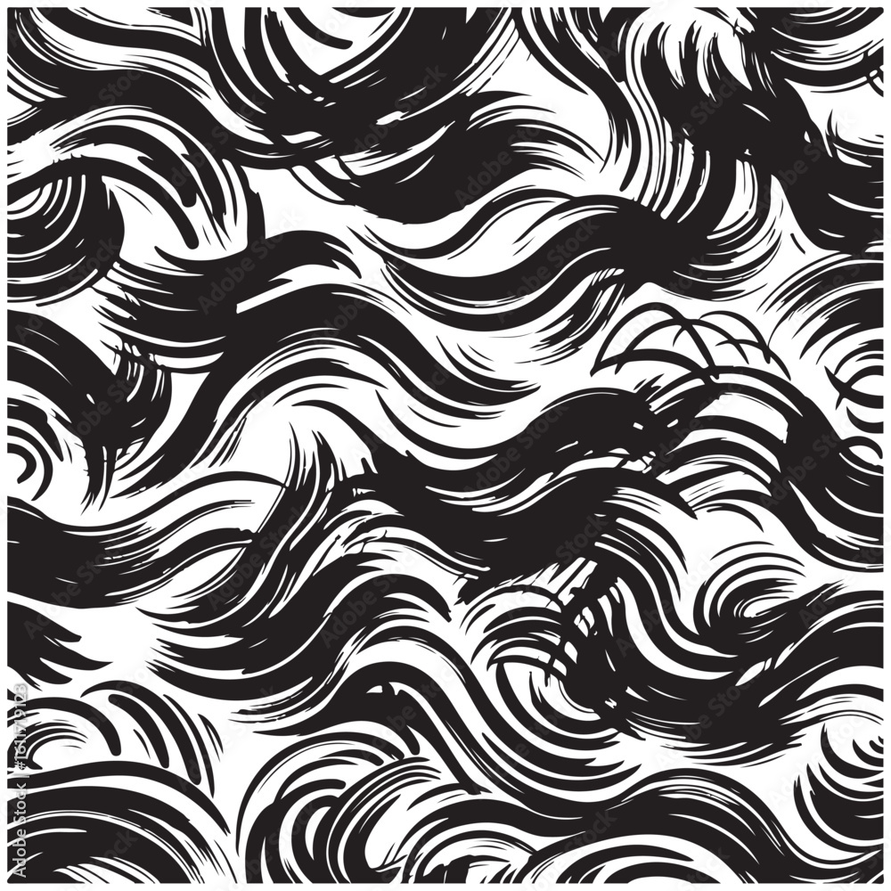 Fototapeta premium Wavy and swirled brush strokes vector seamless pattern. Black paint freehand scribbles, abstract ink background. Brushstrokes, smears, lines, squiggle pattern. Abstract wallpaper design.
