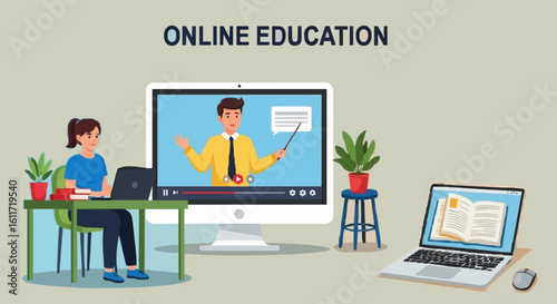 Student studies online learning with laptop and virtual teacher video