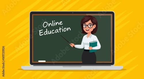 Engaging teacher guides online learning on laptop screen