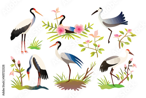 Elegant Cranes and Blossoms: A collection of intricately drawn illustrations showcasing elegant cranes amidst delicate blossoms, blending the grace of avian life with the beauty of nature.