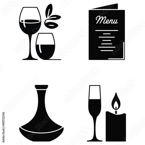 Luxury fine dining icon set featuring wine decanter, menu card, champagne, and candle in black and white silhouette style