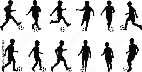 Silhouette of children playing soccer, active boys with football, sports kids vector, black shadow illustration, running, kicking ball, youth soccer activity design, isolated art