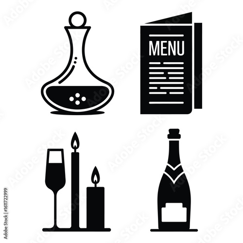 Luxury fine dining icon set featuring wine decanter, menu card, champagne, and candle in black and white silhouette style
