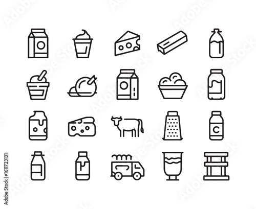 Dairy products and food icons including milk cartons cheese butter cow grater and delivery truck ice cream