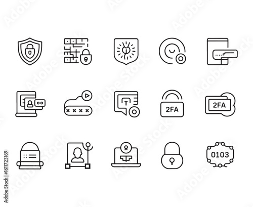 Cybersecurity icons including shield lock firewall password two factor authentication and user profile