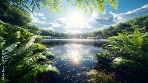 Tranquil lake nestled within lush forest, vibrant greenery surrounds the calm water, bathed in sunlight